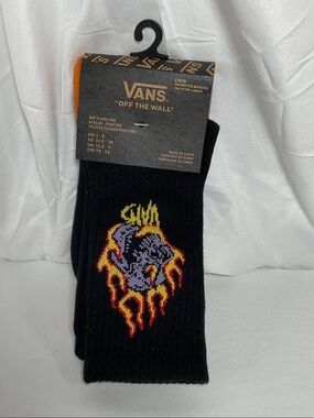 Vans Black Crew Socks with Purple Skull and Red-Orange Flames